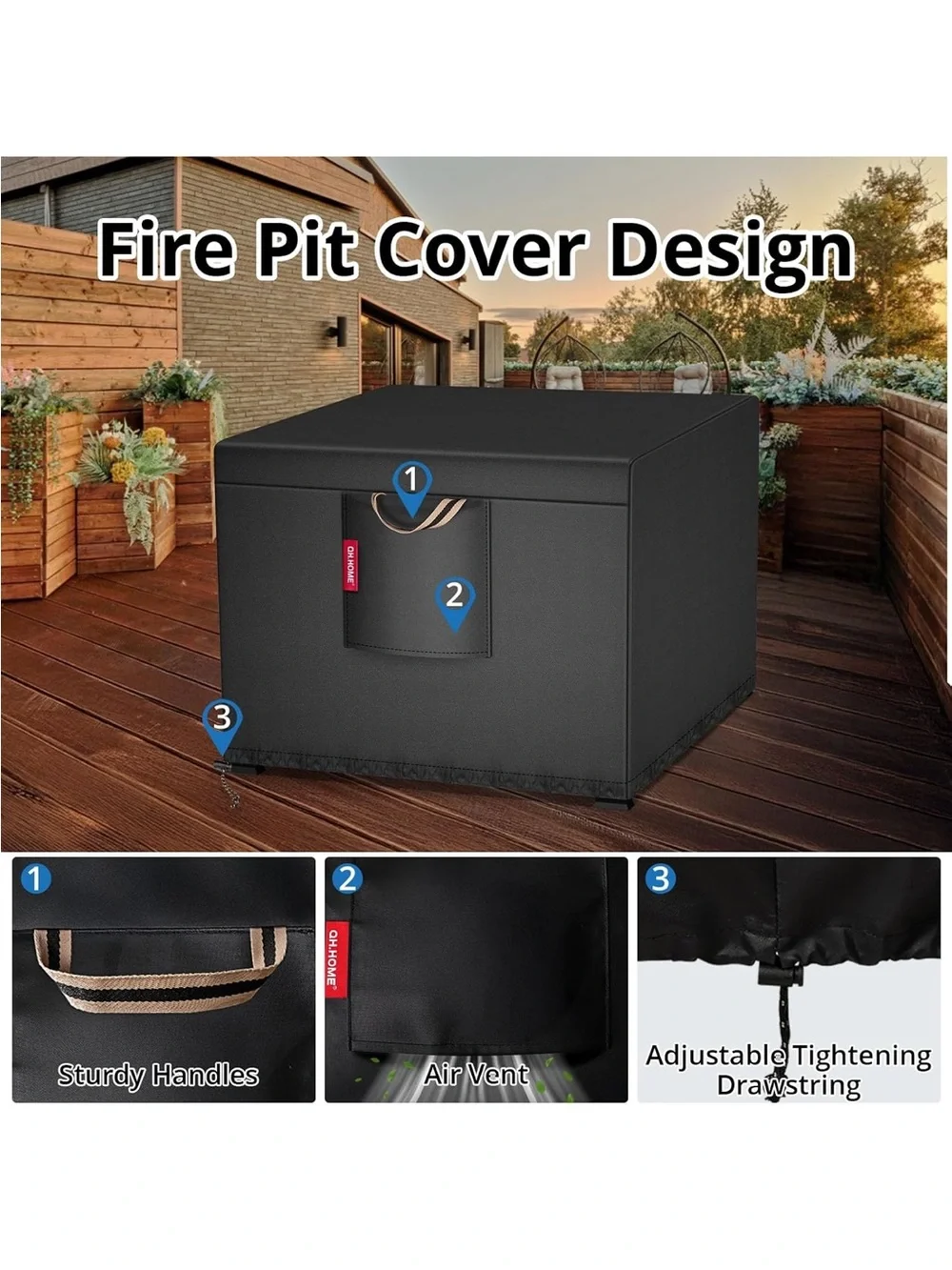 2026 Upgraded 900D Heavy Duty Fabric] Fire Pit Cover Square 30''Lx 30''Wx 24